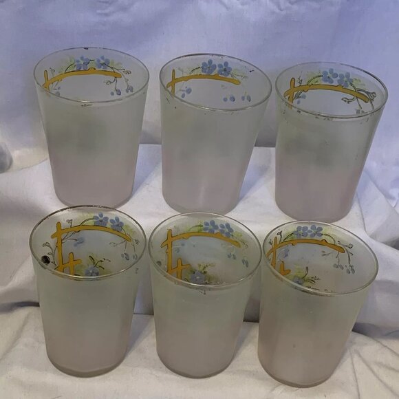 Frosted Glass Painted Juice Glasses with Flowers on a Trellis Vintage Set of 6 - Picture 8 of 12